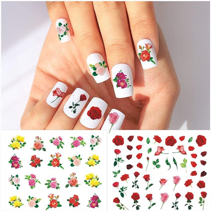 WOKOTO 44 Sheets Feather Nail Art Stickers - 3D Nail Decals with Flowers, Animals - Self-Adhesive Flower Nail Stickers for Women & Girls Acrylic Nails