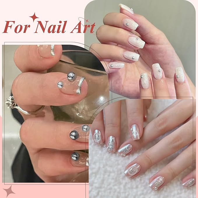 Silver Caviar Nail Beads and Nail Pearls, Mixed Size Half Round Flatback Pearl Silver Balls Nail Charms for Nails with Pickup Tools for Nails Face Eyes Makeup(33-K1-6)