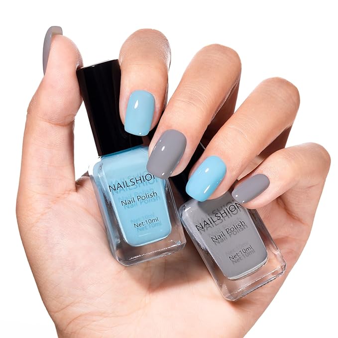 Dusty Gray Blue Nail Polish, 2 Colors Fast Air Dry Fingernail Polish Duo, Light Blue, Non-Gel, Vegan, Opaque, Long-lasting Glossy Nail Art DIY Home Travel Manicure