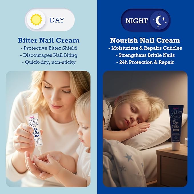 ByeBite Nail Biting & Thumb Sucking Solution – Natural Day & Night Nail Care Duo | Bitter Nail Protection Cream + Nail Nourish Cream | Plant-Based Formula | Helps Encourage Healthy Nail Habits