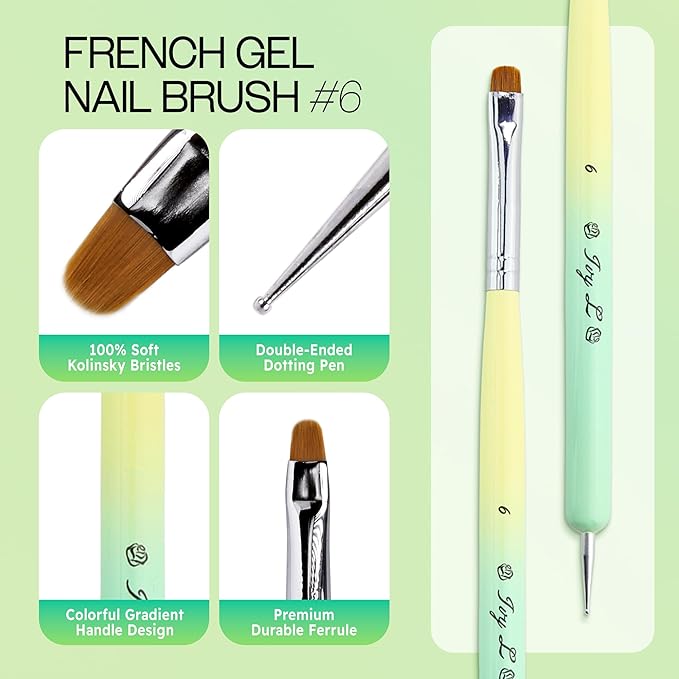 Ivy-L Premium 2 Ways French Gel Acrylic Nail Art Kolinsky Brush with Dotting Tool for Professional Manicure Nail Art Design Cuticle Clean-up + Lime Green Wood Handle (Size 6)
