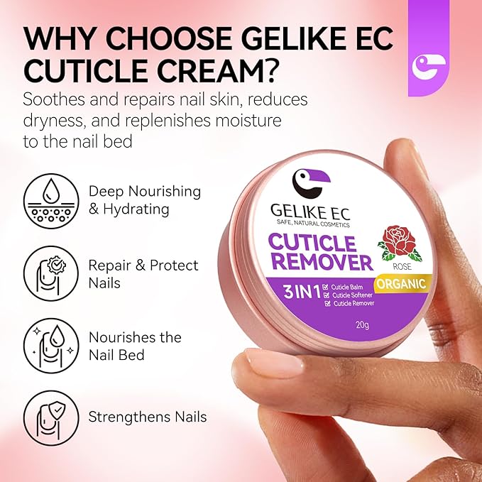 Gelike EC Nail Care Cuticle Softener: Organic Cuticle Remover Cream - Natural Moisturizer Nourish Balm - Rich Vitamin E Spa for Dry Skin - Rose Scent for Woman
