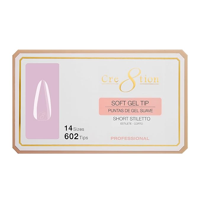 Cre8tion Soft Gel Nail Tips, Short Stiletto Shape, 602 Tips in 14 Sizes (00-9) for Professional Nail Extensions