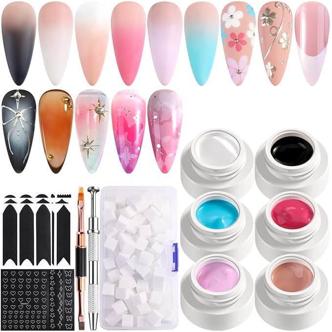 Ombre Gel Nail Polish Kit, 6PCS Colorful Painting Nail Gel Black White Pink Paint Gel for Nails Gradient Design Soak Off UV Pastel Nail Polish Set with Ombre Sponge Nail Brush French Tip Guide