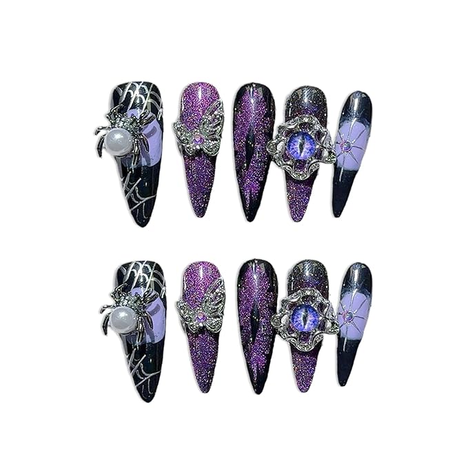 Handmade Press on Nails Purple Glitter False Nail Halloween Press on Nails 3D Luxury Spider & Eyeball Designs Thick Long Almond Fake Nail Full Cover Halloween Spider Web Stick on Nail for Women (S)