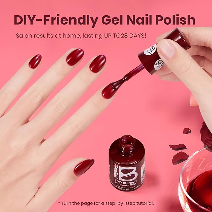 Beetles Red Gel Polish - Burgundy Bliss 15ML/0.51Fl Oz, Red Gel Nail Polish, Same Color Same Bottle STAY SHINING Series, Soak Off UV LED Lamp Spring Nails Art, Long-Lasting Manicure Salon DIY Home