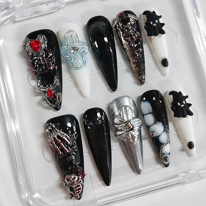 Halloween Press on Nails Long Almond 3D Floral Handmade Nails Thick Acrylic Fake Nails Gothic Black&White False Nails with Spider Heart Ghost Designs Sturdy Nail Art Press on Nails 10Pcs(S)