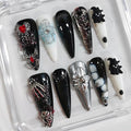 Halloween Press on Nails Long Almond 3D Floral Handmade Nails Thick Acrylic Fake Nails Gothic Black&White False Nails with Spider Heart Ghost Designs Sturdy Nail Art Press on Nails 10Pcs(M)
