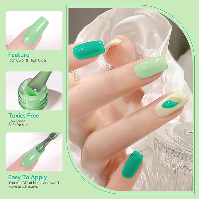 Born Pretty Green Gel Nail Polish, Spring Summer Carnival Evergreen Gel Nail Polish Set, Glitter Green Sparkle Gel Polish Nail Art Varnish Manicure Collection St. Patrick's Day 6PCS