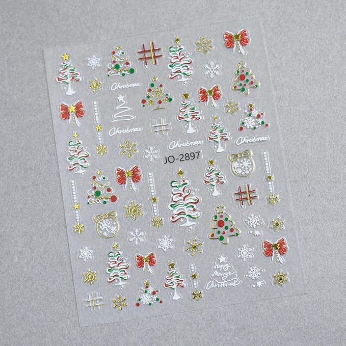 10Sheets Christmas Nail Stickers Embossed Gold Silver Christmas Tree Nail Decals Snowball Bow Elk Nail Supplies