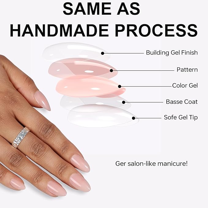 32pcs Short Press On Nails Almond 16 Sizes Glossy Fake Nails with Glue (Nude Pink)