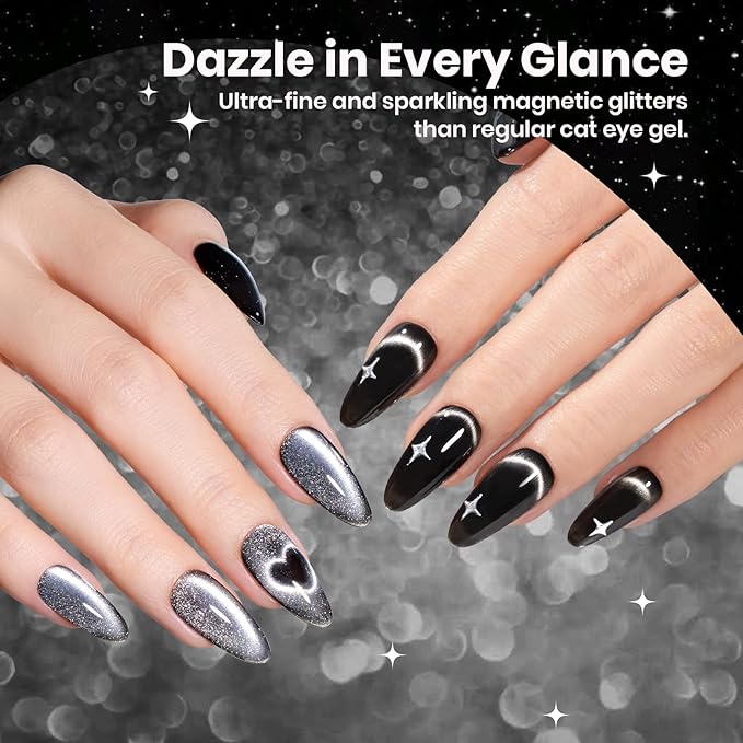 Beetles Gel Nail Polish Set - Twilight Gleam 6 Colors Cat Eye Glitter White Black Silver Shimmer Sparkle Gel Polish Kit with Magnet Soak Off Nail Art Uv Led Home Salon Spring Summer Gift for Women