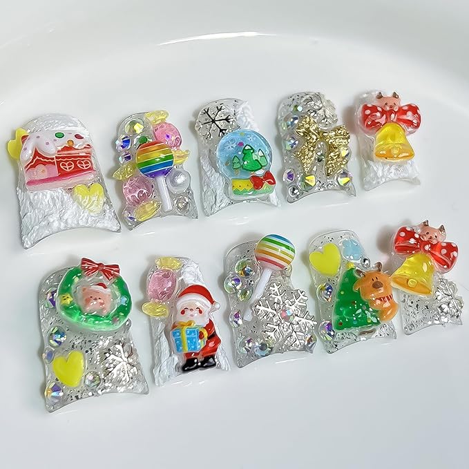 Christmas Luxury Press on Nails Short Duck Handmade 3D Unique Reusable ABS Material Fake Nails Cute False Nails with Santa Reindeer Tree Snowflake Bow Glossy Glue on Nail Thick Acrylic Nail(M)