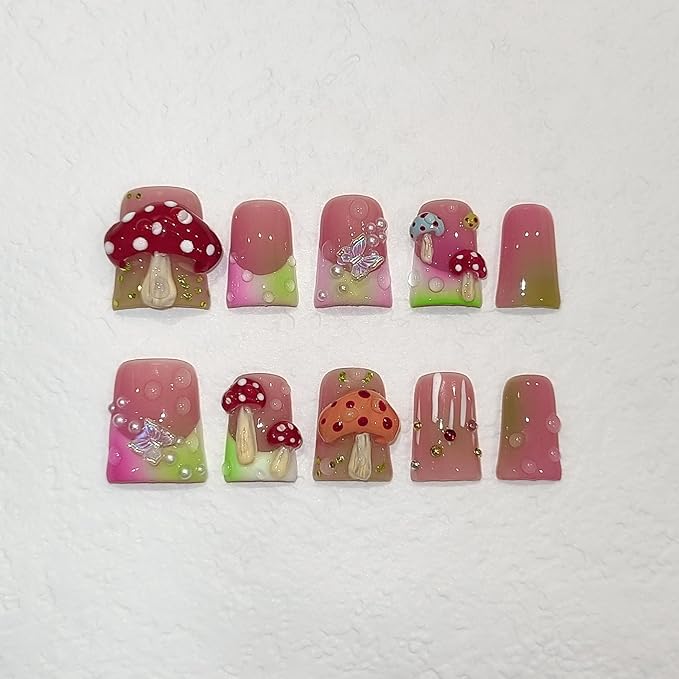Duckbill Coffin Ballerina Shape Fake Nails,Ombre French Tips Press on Nails 10 Pcs with Tool Kit,3D Butterfly Mushroom Embossed Design Glue on Nails with Pearl & Rhinestone Cute Fake Nails（S)