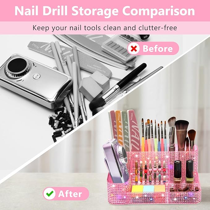CGBE Nail Drill Holder, 28 Holes Drill Bit Holder for Nails, Professional Nail Tool Organizer, Nail Desk Organizer for Nail Tech, Nail Salon DIY Use - Diamond Pink (Not Including Nail Drill Set)