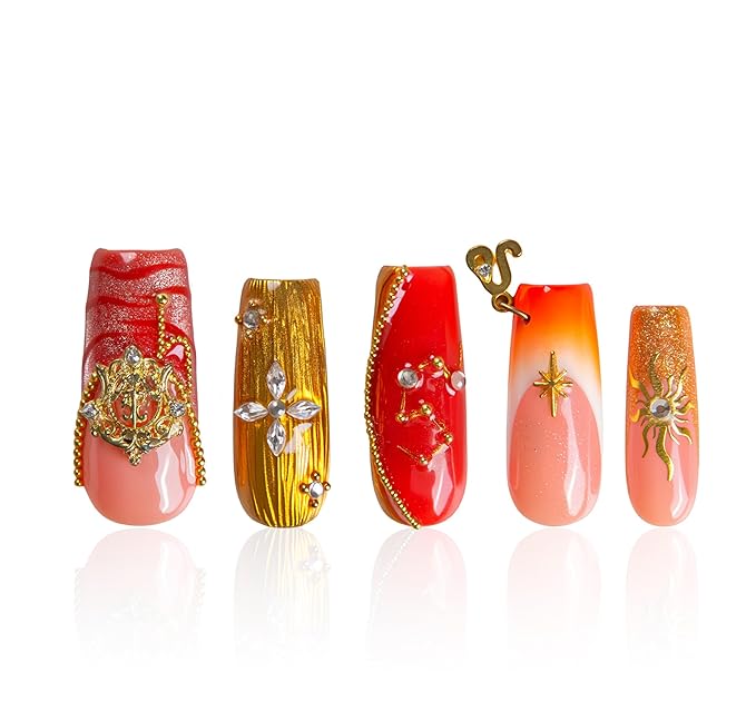 LOVFUL Short French Tip Press on Nails Leo’s Golden | Handmade Acrylic Press ons | Reusable Fake False Nails | Square Classic Regular 1.3in | H593-S