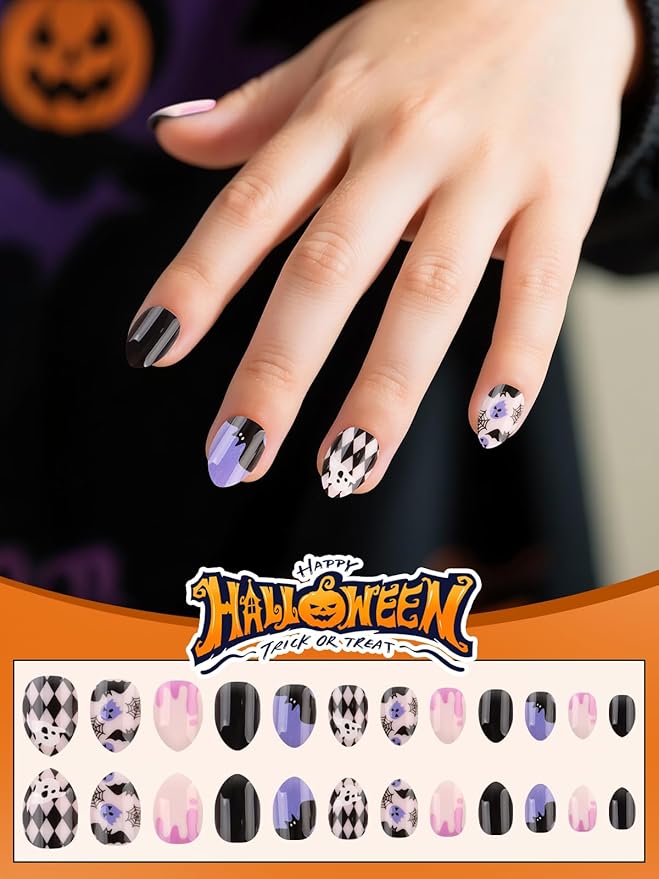 24 Pieces Press on Nail Kid, EBANKU Halloween Mini Glue on Nail Almond Cute Design Acrylic Nails with Nail Glue for Girls 7-12 Years