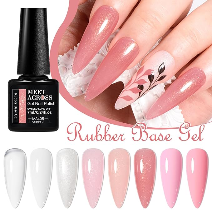 MEET ACROSS Rubber Base Gel Set 12 Pcs, 8 Colors Jelly Builder Base Nail Gel Nude Sheer White Pink Shimmer, 2-in-1 Soak Off Base Gel Nail Strengthener