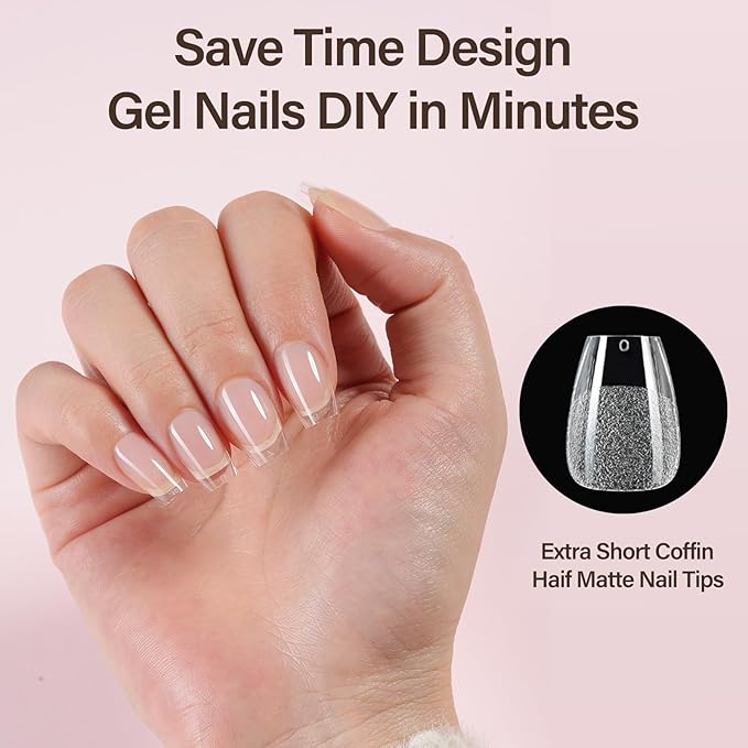 Misssix Extra Short Coffin Gel x Nail Tips Kit, 216Pcs Pre Etched Clear Fake Nails, Full Cover False Nail Gel Glue and Portable Mini U V Nail Lamp for Women 12 Sizes