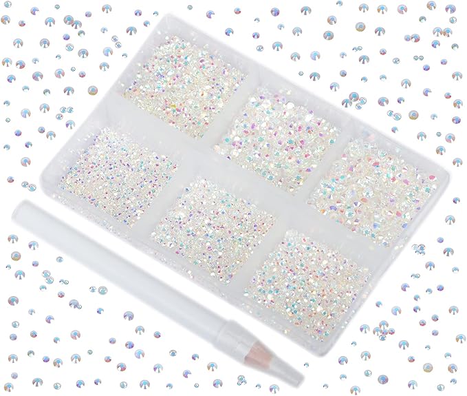 Bymitel 7200 Pieces 6 Mixed Sizes Glue Fix on Glass Rhinestones Round Crystal Gems Flatback for DIY Jewelry Making with one Picking Pen(6-Sizes 7200PCS, Starry Meteor)