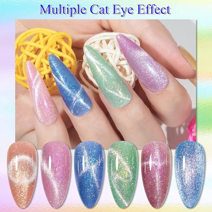 MIZHSE Unicorn Cat Eye Gel Nail Polish 7ml, Pearl Mermaid Cateye Magnetic Gel Polish Kit Pink Blue Soak Off UV LED DIY Manicure Set for Home Salon