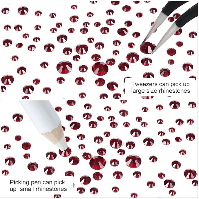 4240Pcs Dark Red Flatback Rhinestones 6 Sizes Crystal Diamonds for Nail Art Crafts Clothes Shoes with Tweezers and Picking Pen