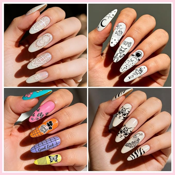 Biutee Nail Stamping Plate Nail Stamper Kit with Stamper & Scraper, Large Nail Art Stamping Plate French Line Lace Flower Leaves Animal Star Space Design DIY Nail Stamping Kit
