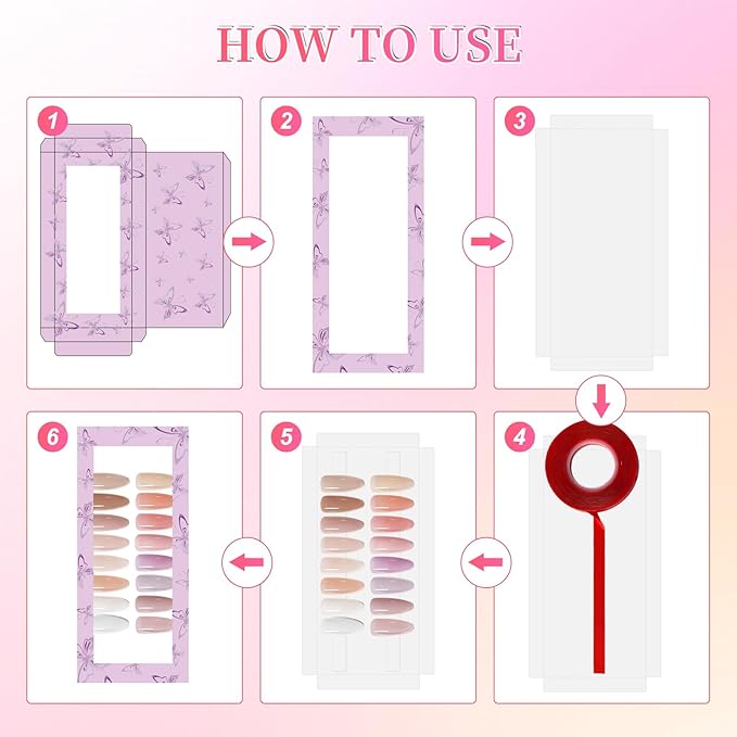 ANGNYA 72PCS Empty Press On Nail Packaging Box Contains 35PCS Butterfly Press On Nail Boxes, 35PCS White Display Cards, 2PCS Double Sided Tapes, Nail Tip Storage Case for Press-on Nail Business