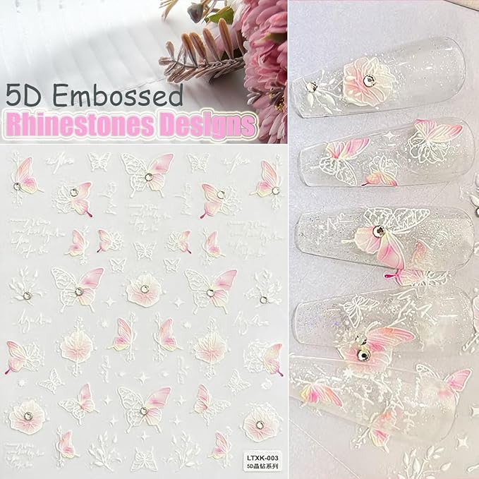 Zoance Nail Art Stickers Luxury Rhinestones Pearls 5D Embossed Customized Nail Decals, Self-Adhesive Flowers Butterflies Design Nail Stickers for Women Girls Salon Home DIY Nail Decoration Accessories