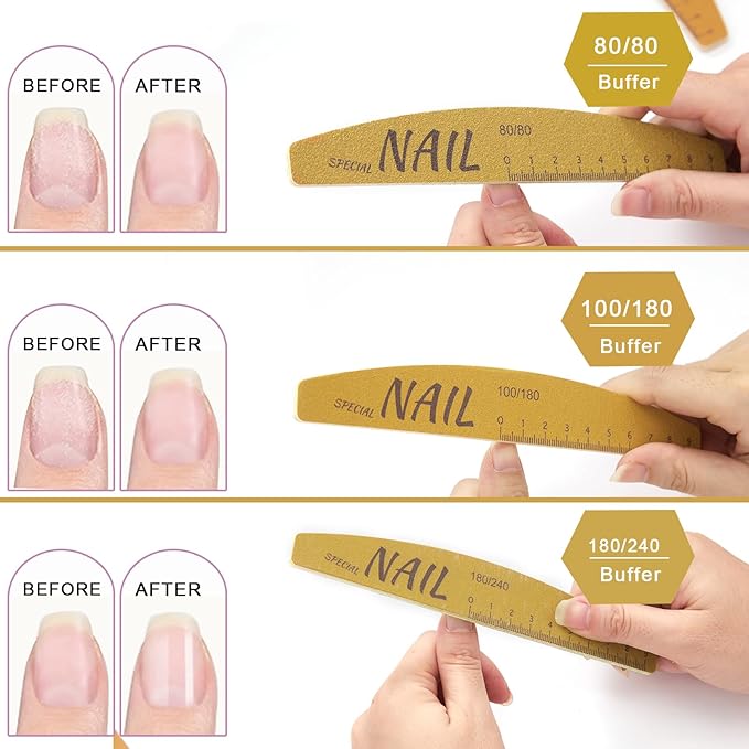 10 Pieces Nail Files and Buffers, Nail Files for Natural Nails, Emery Boards for Nails with Nail Shape Guide(Square, Almond, Oval), Nail Buffer Block 100/180 Grit Finger Nail File Set
