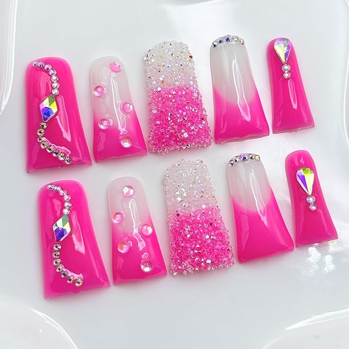 Handmade Press on Nails Long Duck Nails with Glue,Rose Pink Fake Nails with Rhinestone Design Reusable Acrylic Nature Stick on Nail Luxury False Nails for Wome (Size M)