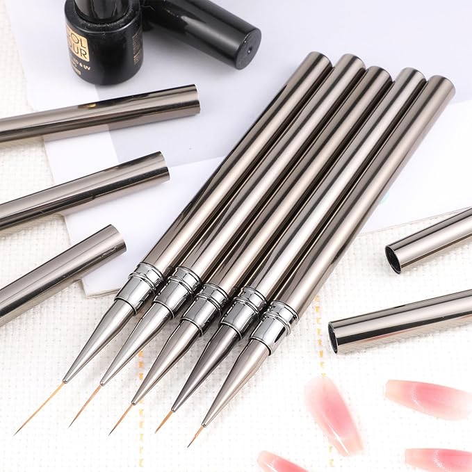5 Pcs Liner Brushes for Nails Nail Art Brushes Detail Brush Dotting Painting Tools Thin Nail Art Brush for Gel Polish Long Lines Thin Details Fine Drawing, Sizes 6/9/12/15/18mm (Silver)