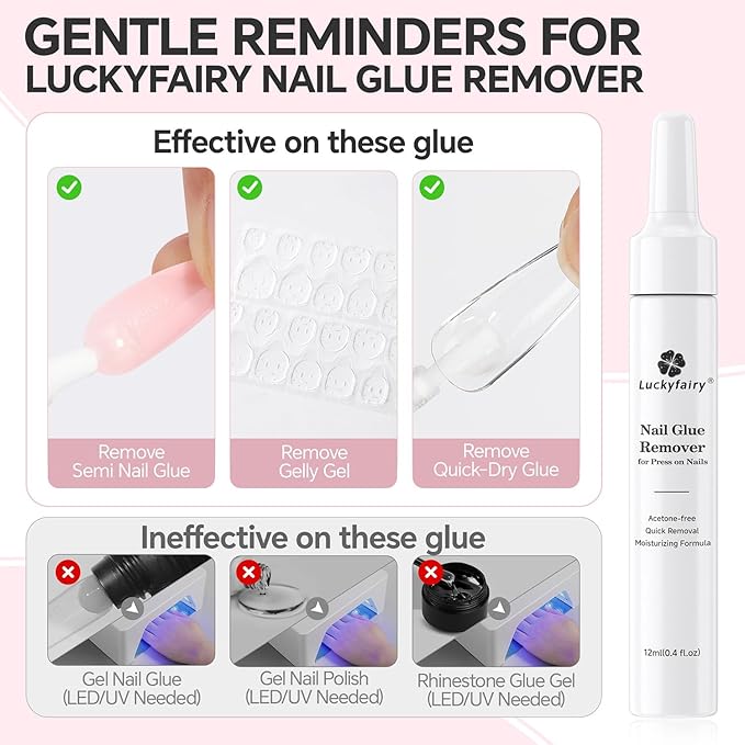 Nail Glue Remover for Press on Nails: Quick Removal Acrylic Nails Semi Solid Nail Glue Acetone-Free, Not for Gel Polish Base Coat Easy Removal Fake Nails, 2Pcs*12ml