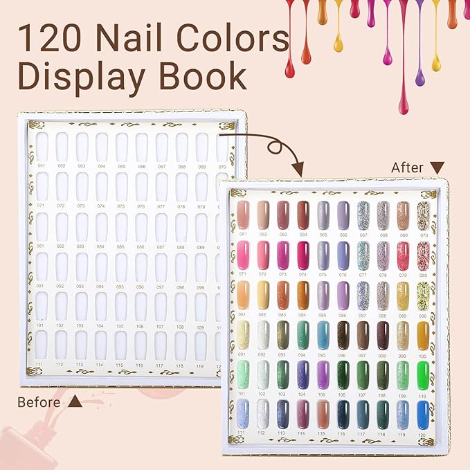 Segbeauty 120 Nail Color Chart Display, Nail Polish Organizer Colors Display Book with 120 Replacement Tips, Salon Nails Sample Chart Tool Swatches Stick Fingernail Supplies Art DIY Showing Shelf