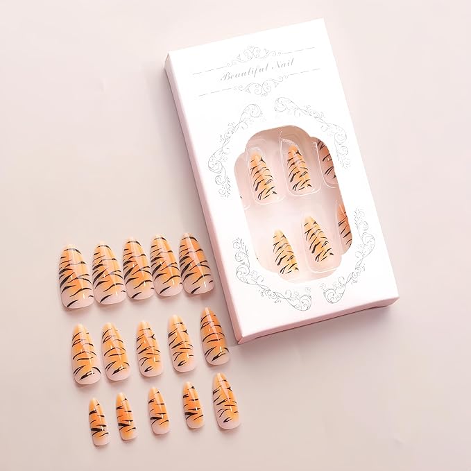 Press on Nails Medium Almond Fake Nails with Tiger Stripe Designs Gradient False Nails Glossy Animal Print False Nails Brown Orange Acrylic Nail Fall Stick on Nails Artificial Nail for Women 24Pcs