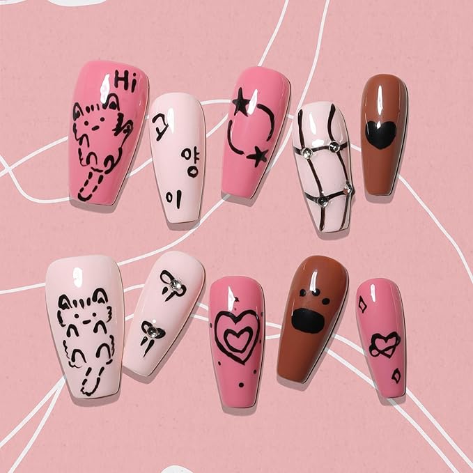 Sun&Beam Nails Handmade Press-on Long Coffin Nails Brown White Black Pink False Nail Tips Hand-drawn Cat Design Fashionable 10 Pcs Set (#158 XS)