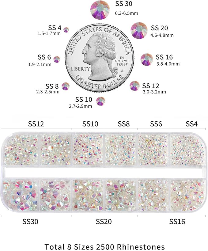 Beadsland Rhinestones for Makeup,8 Sizes 2500pcs Crystal Flatback Rhinestones Face Gems for Nails Crafts with Tweezers and Wax Pencil,Transparent AB,SS4-SS30