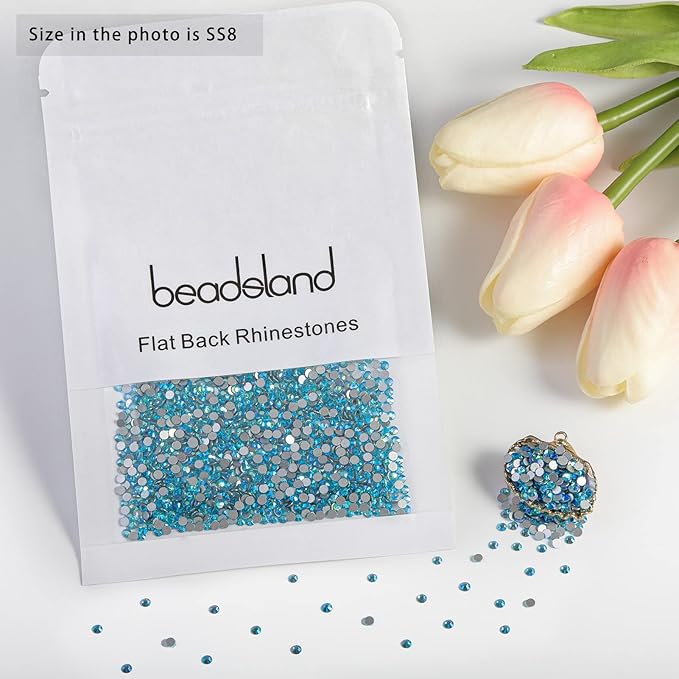 Beadsland Flat Back Crystal Rhinestones Round Gems for Nail Art and Craft Glue Fix, Aquamarine AB, 2.3-2.5mm, SS8/1440pcs