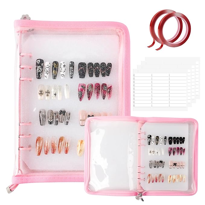Press on Nail Organizer Binder Book, 8 A5-Sized Insert Pages & Double Sized Tape, Press on Nails Display Storage Book, Reusable Fake Nail Swatch Collecting Book (Pink)