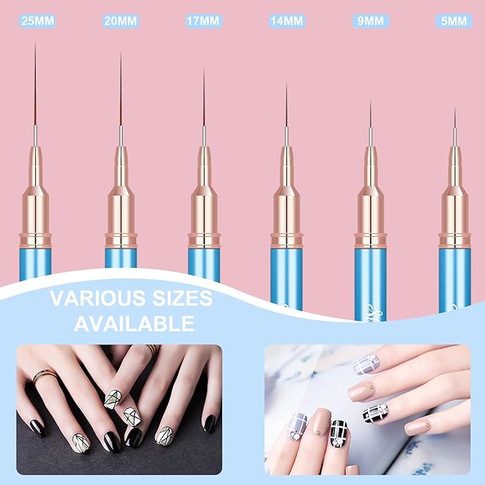 Shince Chance Nail Art Liner Brushes Set, 6Pcs Nail Art Design Brush Pen for Gel Polish Fine Drawing, Small Details Stripping Painting Nail Painting Pens, Acrylic Nail Art Design Tools, Blue