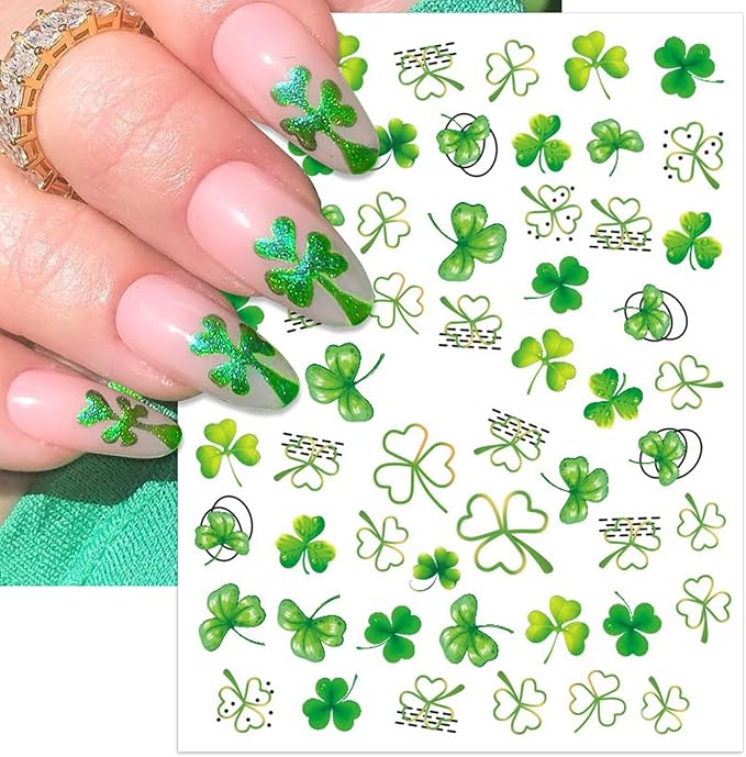 St. Patrick's Day Nail Art Stickers, Irish Shamrock 3D Self-Adhesive Nail Decals Lucky Clover Design (4 Sheets)