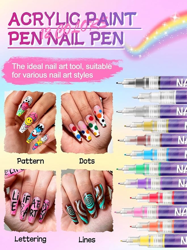 EBANKU 12 Colors Nail Art Pens Kit 0.5MM Ultra-Fine Tip 3D Nail Polish Pens Quick-Dry Acrylic Paint Pens Nail Markers Dotting Tools for Valentine's Heart Nails Home & Salon Manicure