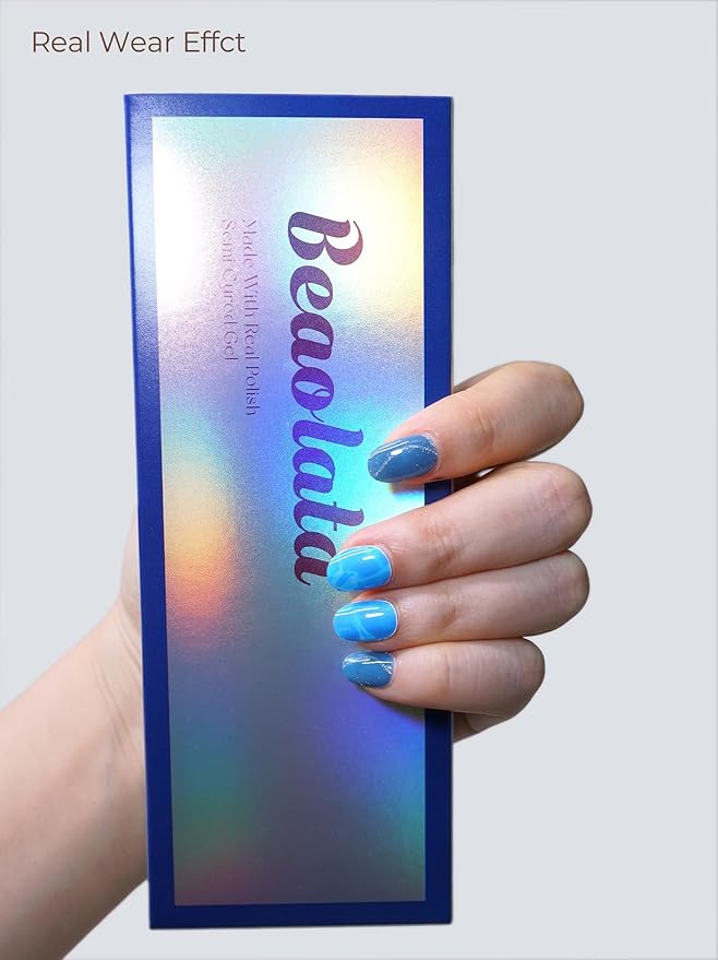 Semi Cured Gel Nail Strips - UV Light Gel Nail Stickers - 20 Long Lasting Salon Quality Wraps (Ocean Blue)