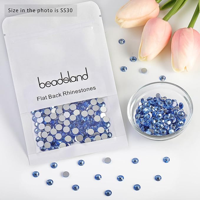 Beadsland 576pcs Flat Back Crystal Rhinestones Round Gems for Nail Art and Craft Glue Fix, Light Blue, SS30,6.3-6.5mm