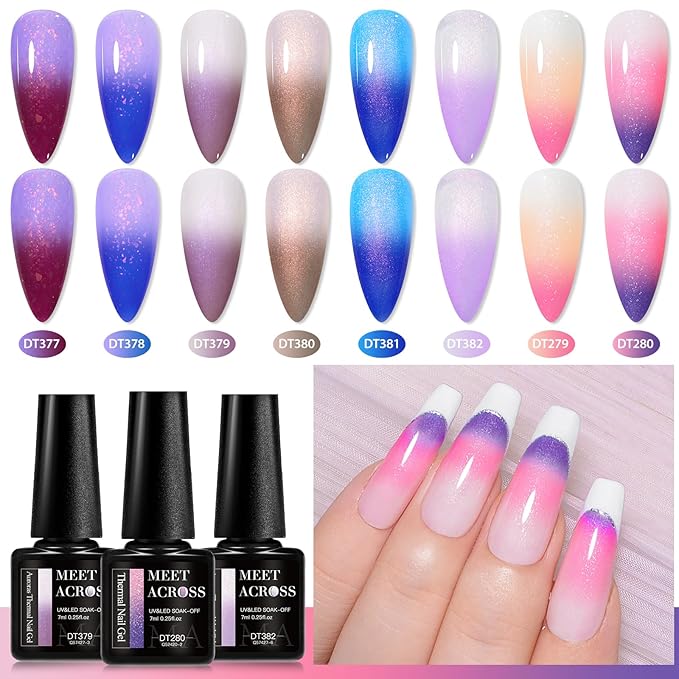 MEET ACROSS 12 Pcs Color Changing Gel Nail Polish Set, 8 Colors Red Pink Glitter Blue Purple Mood Temperature Change Nail Polish with Base Top Gel Nail Dehydrator and Primer