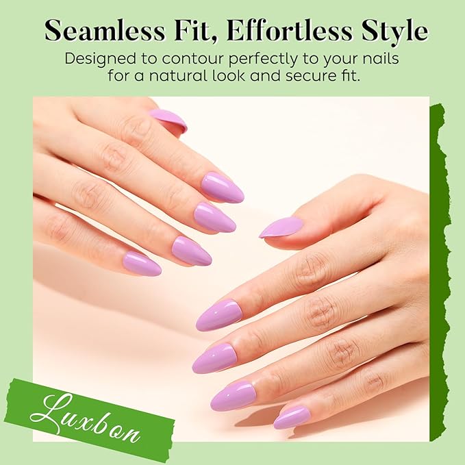 Luxbon Almond Press On Nails Short with No-Cure Nail Glue and Tool Kit – Almond Nail Tips Soft Gel Tips 25-30pcs Full Size Set, Reusable Fake Nails for Women, Salon Look at Home, Purple