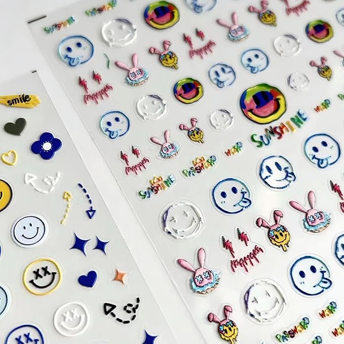 Dedyel Smile Nail Art Stickers 5D Embossed Cute Smile Face Kawaii Self-Adhesive Nail Stickers for Women Girls Kids Nail Art Decoration
