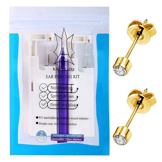 KAIQIKAIXI 2Pcs Ear Piercing Kit Automatic And Painless Ear Nail Gun Disposable Aseptic Household Ear Piercing Gun Portable Ear Piercing Gun Group Ear Piercing Tools (4mm, Golden)