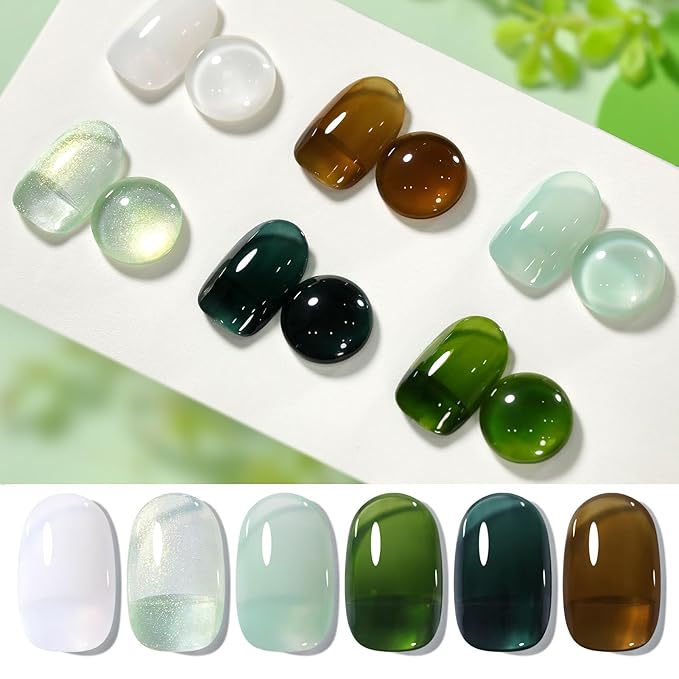 Born Pretty Jelly Green Milky White Gel Nail Polish St. Patrick's Day Transparent Sheer Colors Gel Nail Kit for Salon Gel Manicure and Nail Art DIY at Home 6 Colors