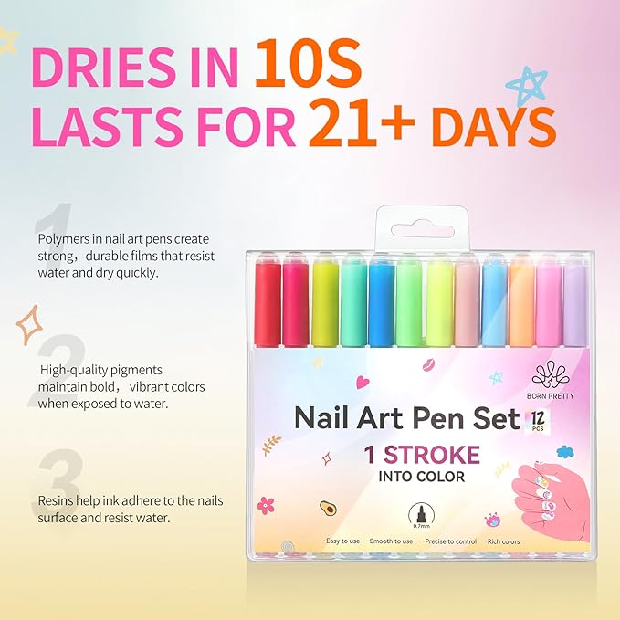 BORN PRETTY Nail Art Pens Set 12 Colors - Spring Summer Neon Colors 3D Nail Polish Acrylic Paint Pens Quick Dry Nail Markers for Nail Art Drawing Painting Dotting Liner Pen DIY Manicure Tools